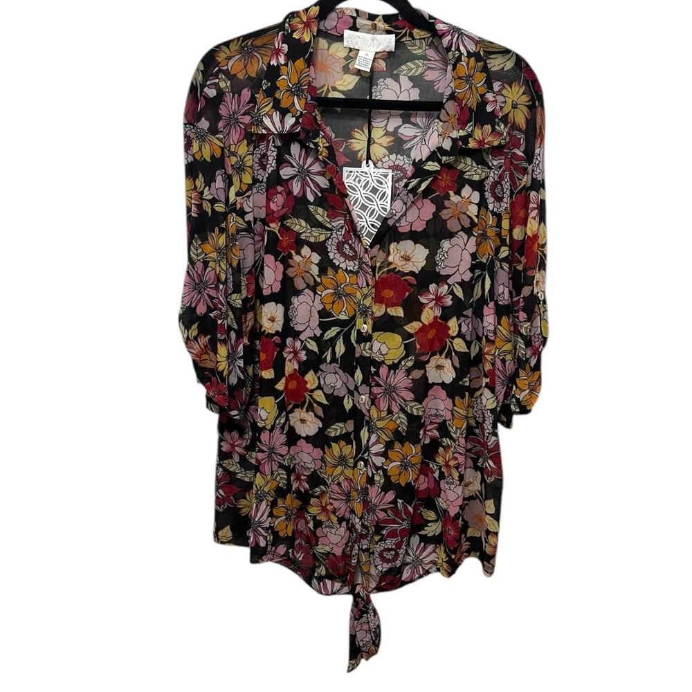 SO IT IS Sheer Blouse Womens Size 3X Florence Anime Floral Elbow Sleeve Knot Tie